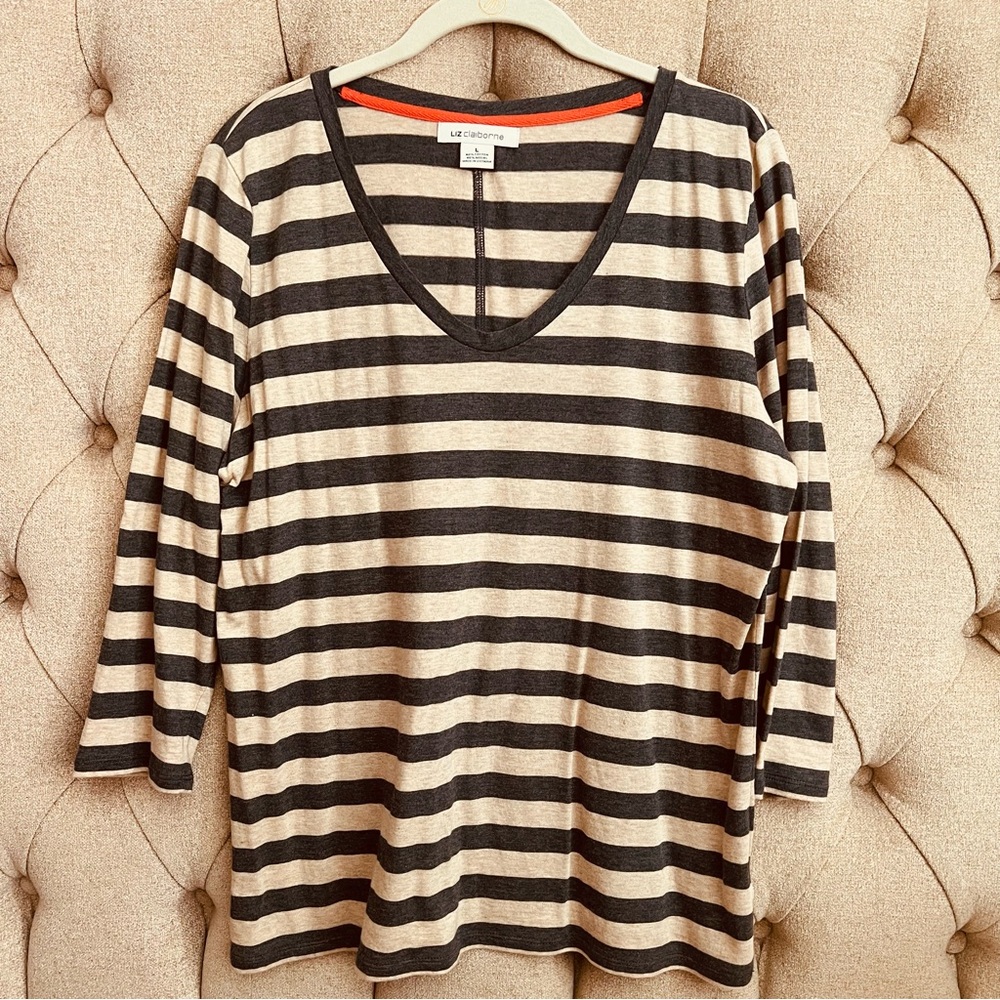 Liz Claiborne cotton modal Long Sleeve Striped Top - grey and Cream large